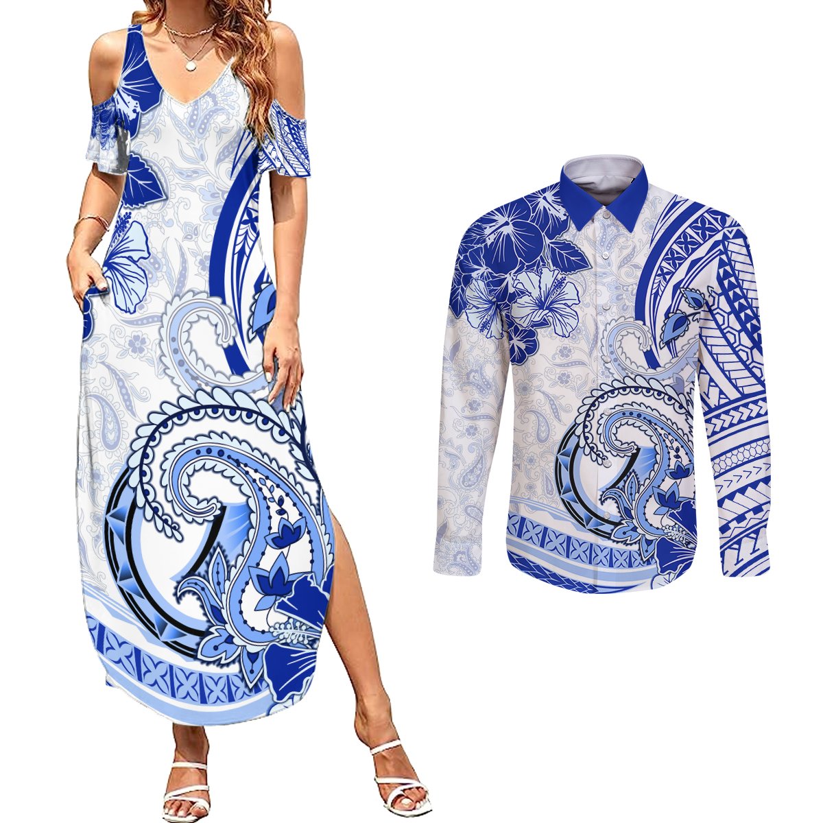 Polynesia Paisley Couples Matching Summer Maxi Dress and Long Sleeve Button Shirt Mix Navy Polynesian Pattern LT05 Navy - Polynesian Pride