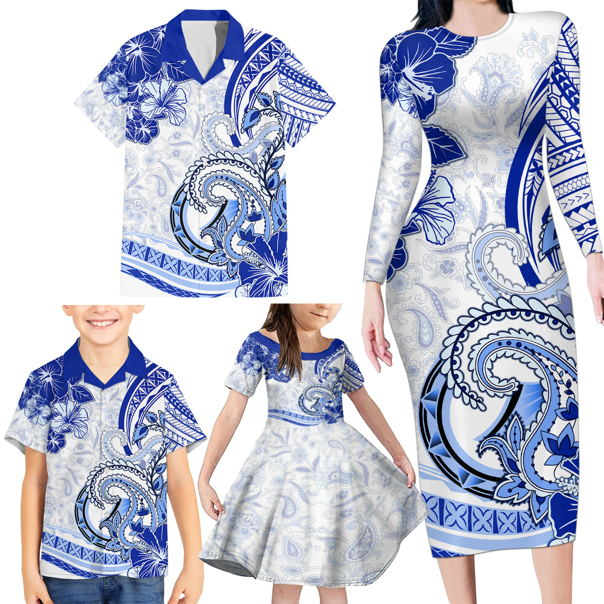 Polynesia Paisley Family Matching Long Sleeve Bodycon Dress and Hawaiian Shirt Mix Navy Polynesian Pattern LT05 - Polynesian Pride