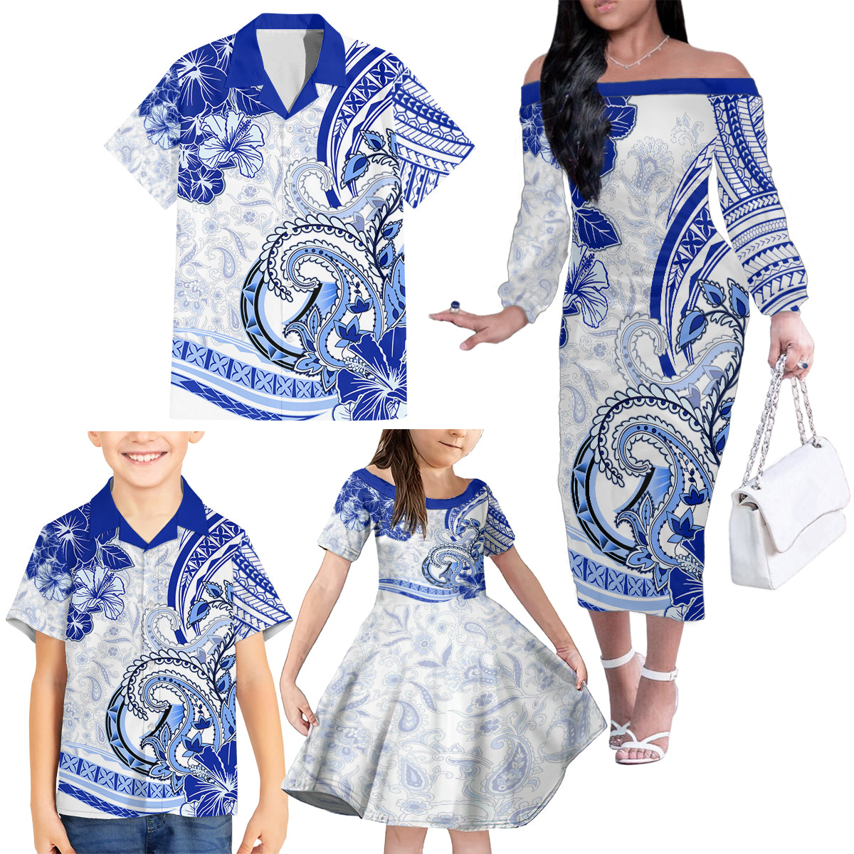 Polynesia Paisley Family Matching Off Shoulder Long Sleeve Dress and Hawaiian Shirt Mix Navy Polynesian Pattern LT05 - Polynesian Pride