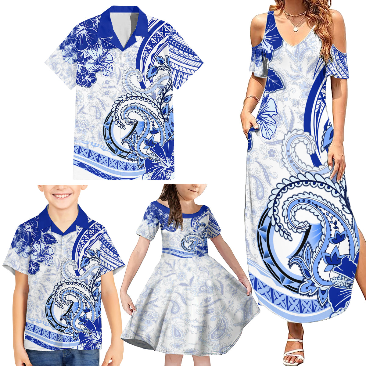 Polynesia Paisley Family Matching Summer Maxi Dress and Hawaiian Shirt Mix Navy Polynesian Pattern LT05 - Polynesian Pride