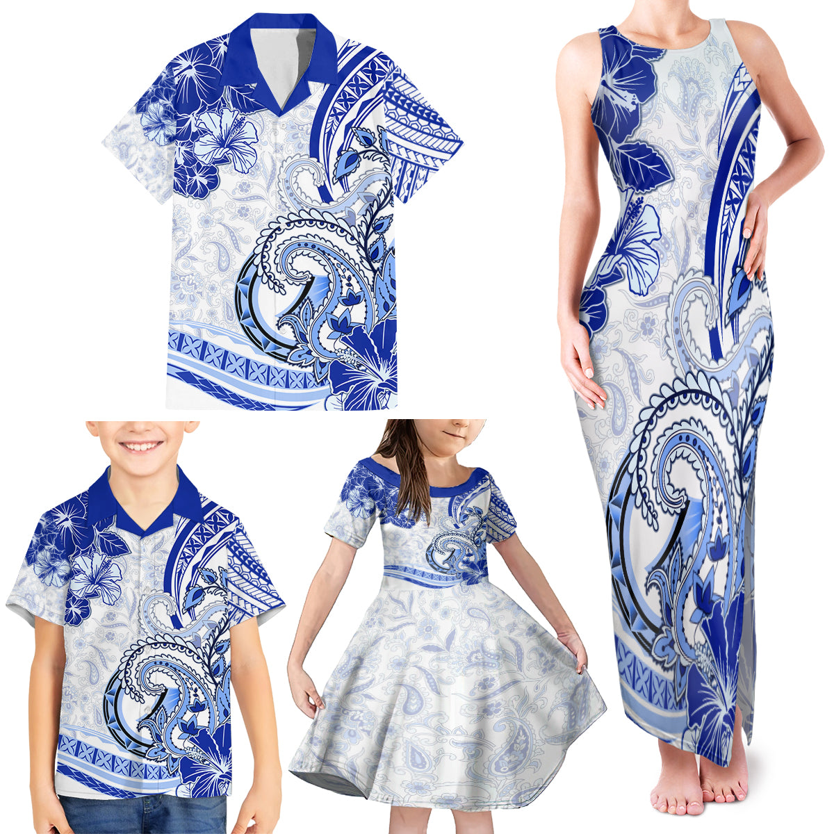 Polynesia Paisley Family Matching Tank Maxi Dress and Hawaiian Shirt Mix Navy Polynesian Pattern LT05 - Polynesian Pride