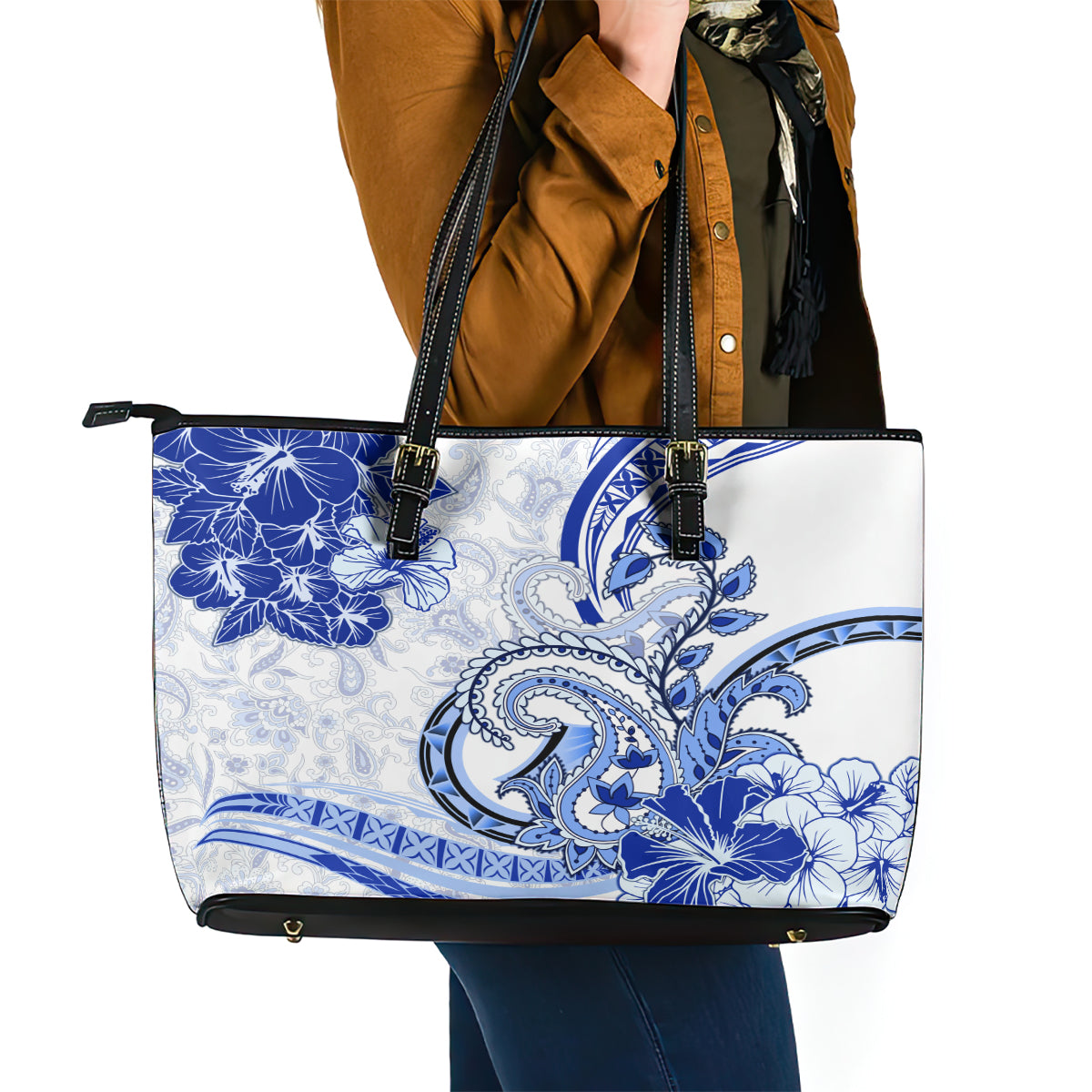 Polynesia Paisley Leather Tote Bag Mix Navy Polynesian Pattern LT05 - Polynesian Pride