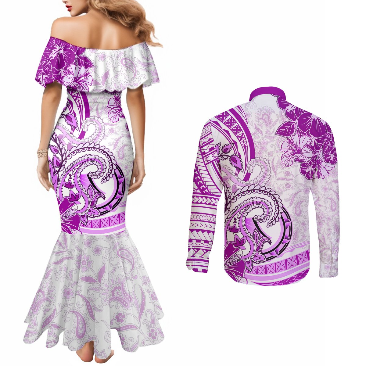 Polynesia Paisley Couples Matching Mermaid Dress and Long Sleeve Button Shirt Mix Pink Polynesian Pattern LT05 - Polynesian Pride