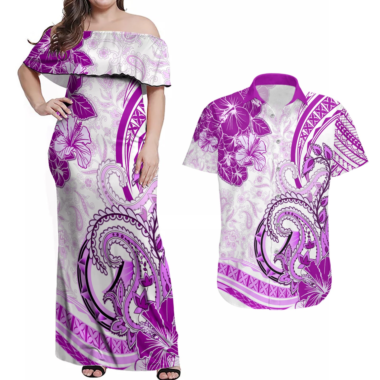 Polynesia Paisley Couples Matching Off Shoulder Maxi Dress and Hawaiian Shirt Mix Pink Polynesian Pattern LT05 Pink - Polynesian Pride