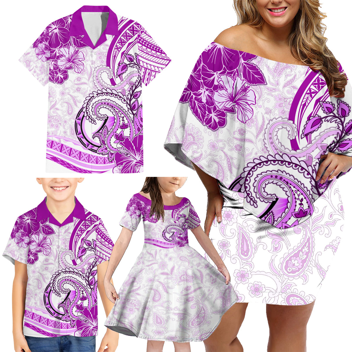 Polynesia Paisley Family Matching Off Shoulder Short Dress and Hawaiian Shirt Mix Pink Polynesian Pattern LT05 - Polynesian Pride