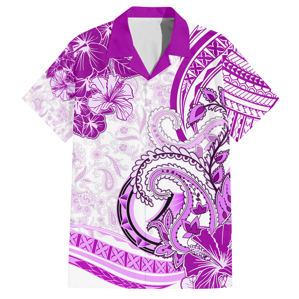 Polynesia Paisley Family Matching Off Shoulder Short Dress and Hawaiian Shirt Mix Pink Polynesian Pattern LT05 Dad's Shirt - Short Sleeve Pink - Polynesian Pride