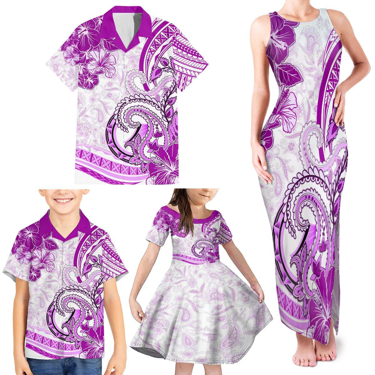 Polynesia Paisley Family Matching Tank Maxi Dress and Hawaiian Shirt Mix Pink Polynesian Pattern LT05 - Polynesian Pride