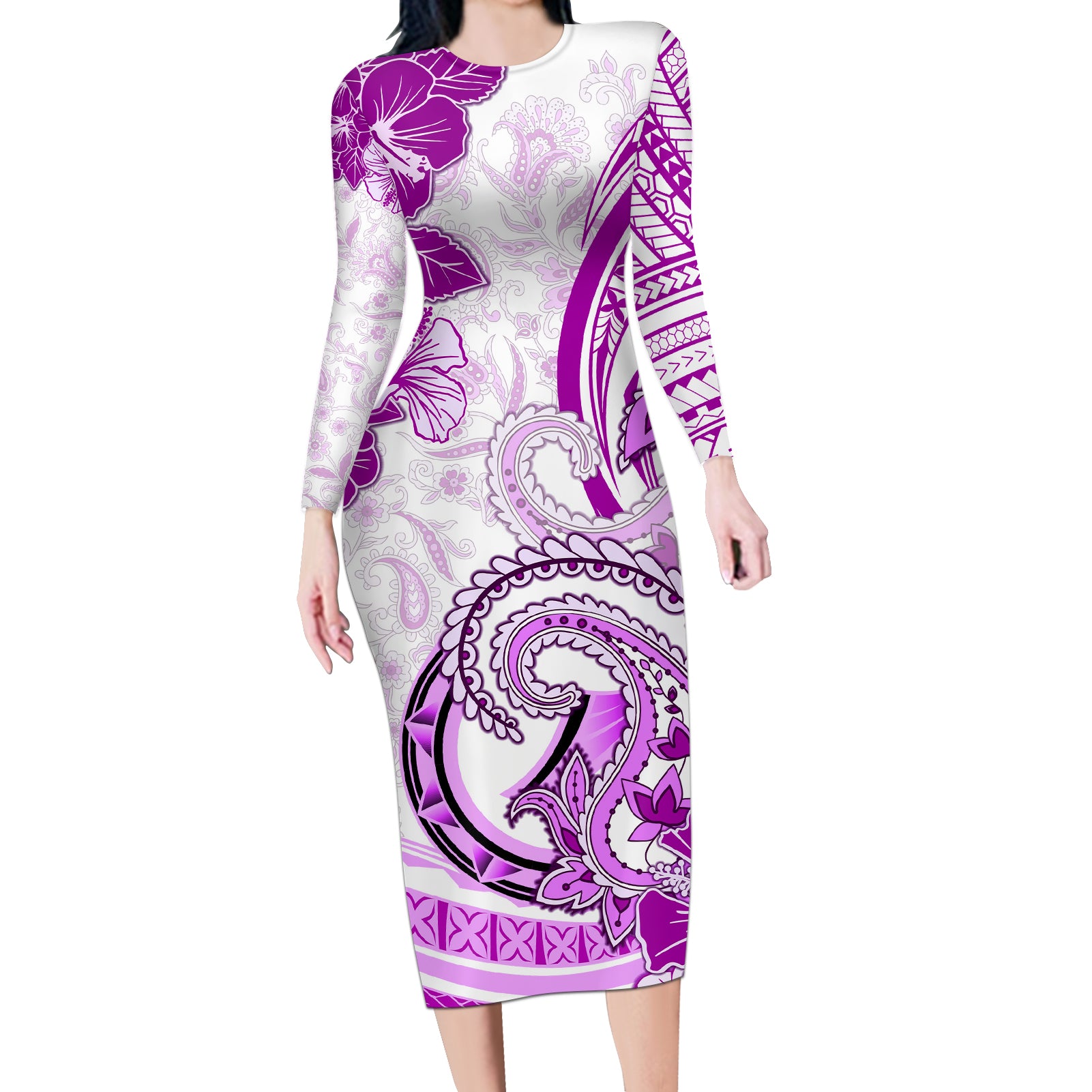 Polynesia Paisley Long Sleeve Bodycon Dress Mix Pink Polynesian Pattern LT05 Long Dress Pink - Polynesian Pride