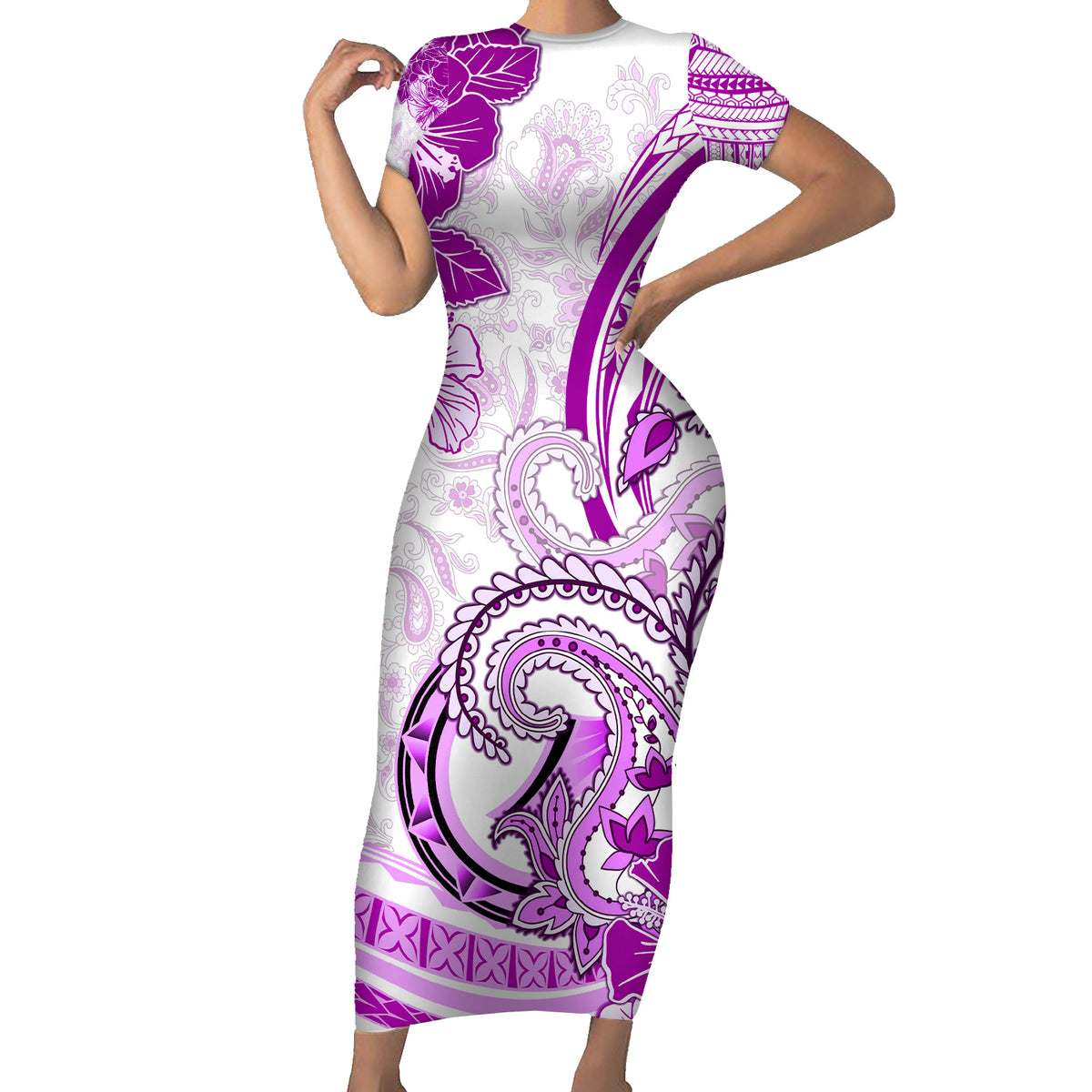 Polynesia Paisley Short Sleeve Bodycon Dress Mix Pink Polynesian Pattern LT05 Long Dress Pink - Polynesian Pride