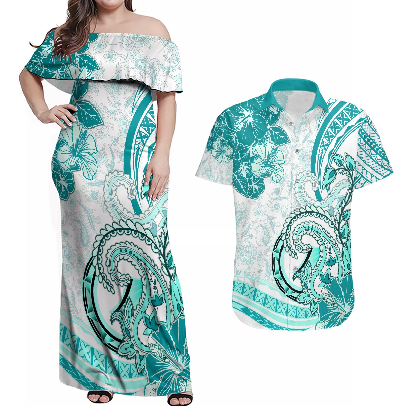 Polynesia Paisley Couples Matching Off Shoulder Maxi Dress and Hawaiian Shirt Mix Teal Polynesian Pattern LT05 Teal - Polynesian Pride