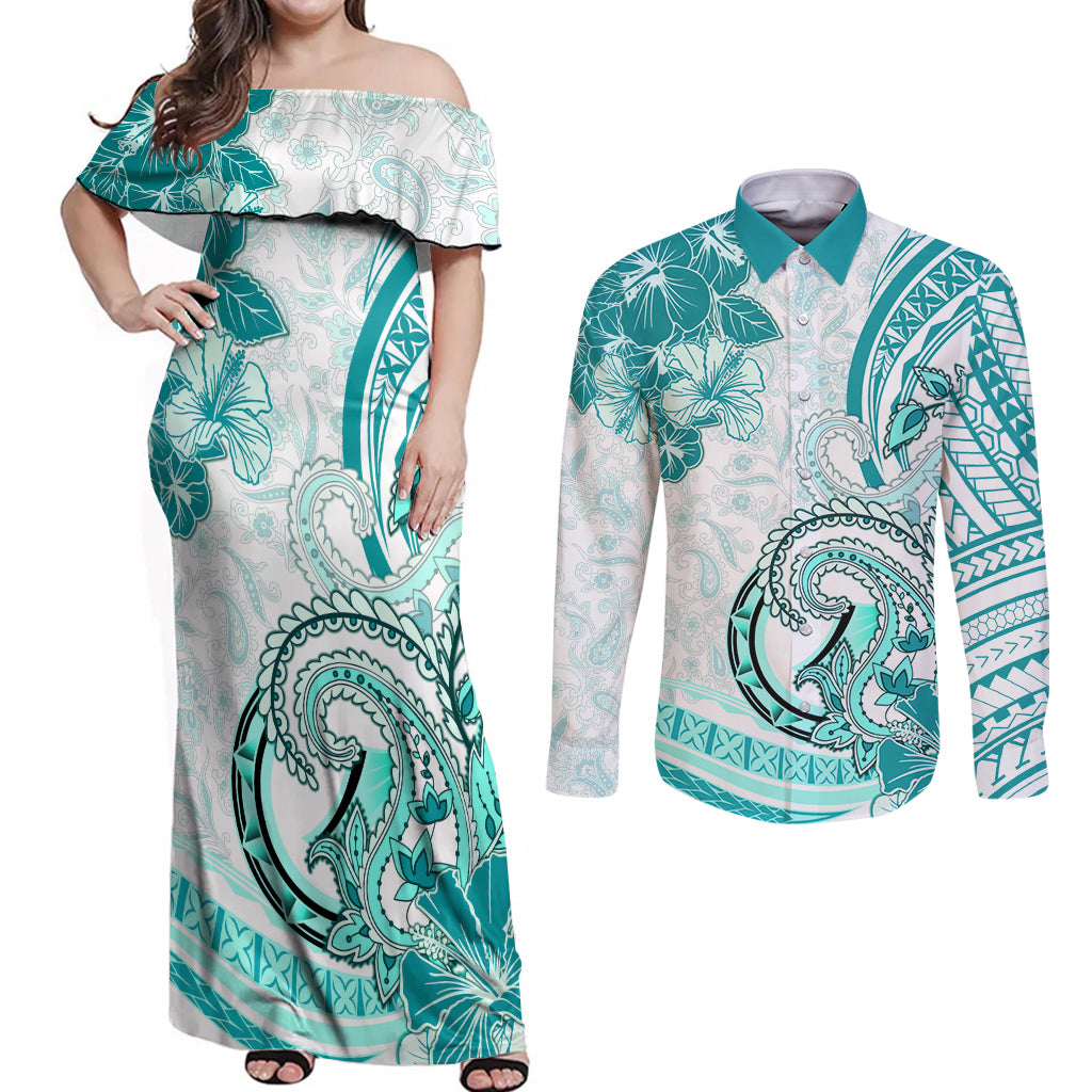 Polynesia Paisley Couples Matching Off Shoulder Maxi Dress and Long Sleeve Button Shirt Mix Teal Polynesian Pattern LT05 Teal - Polynesian Pride
