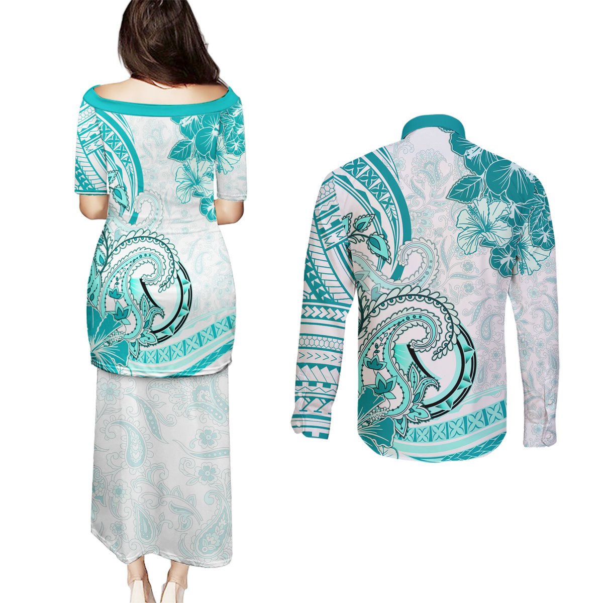 Polynesia Paisley Couples Matching Puletasi and Long Sleeve Button Shirt Mix Teal Polynesian Pattern LT05 - Polynesian Pride