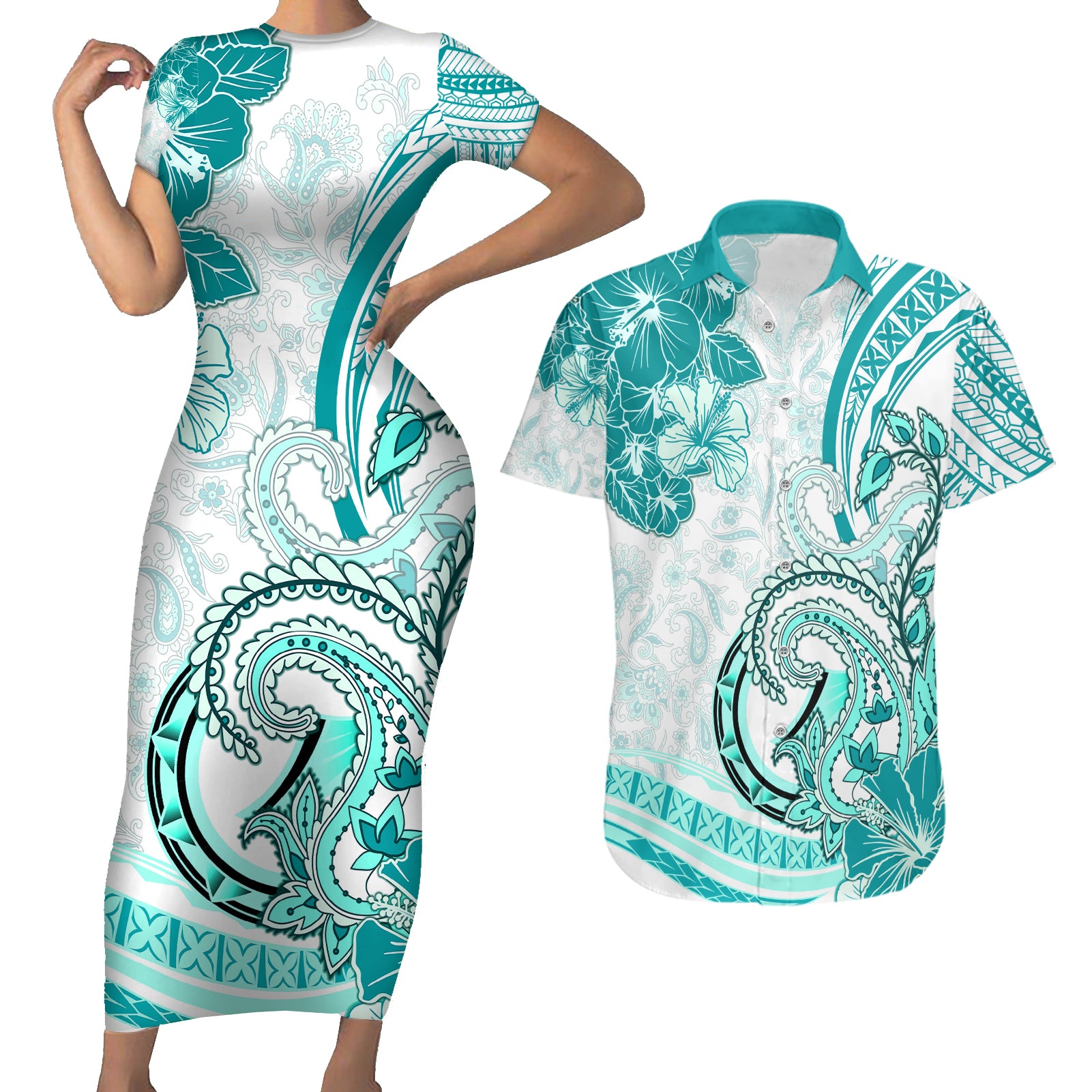 Polynesia Paisley Couples Matching Short Sleeve Bodycon Dress and Hawaiian Shirt Mix Teal Polynesian Pattern LT05 Teal - Polynesian Pride