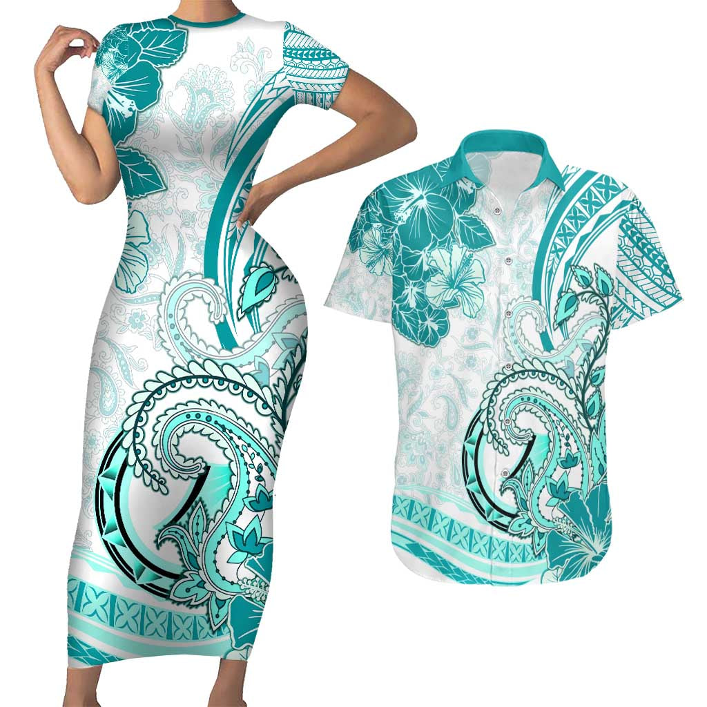 Polynesia Paisley Couples Matching Short Sleeve Bodycon Dress and Hawaiian Shirt Mix Teal Polynesian Pattern LT05