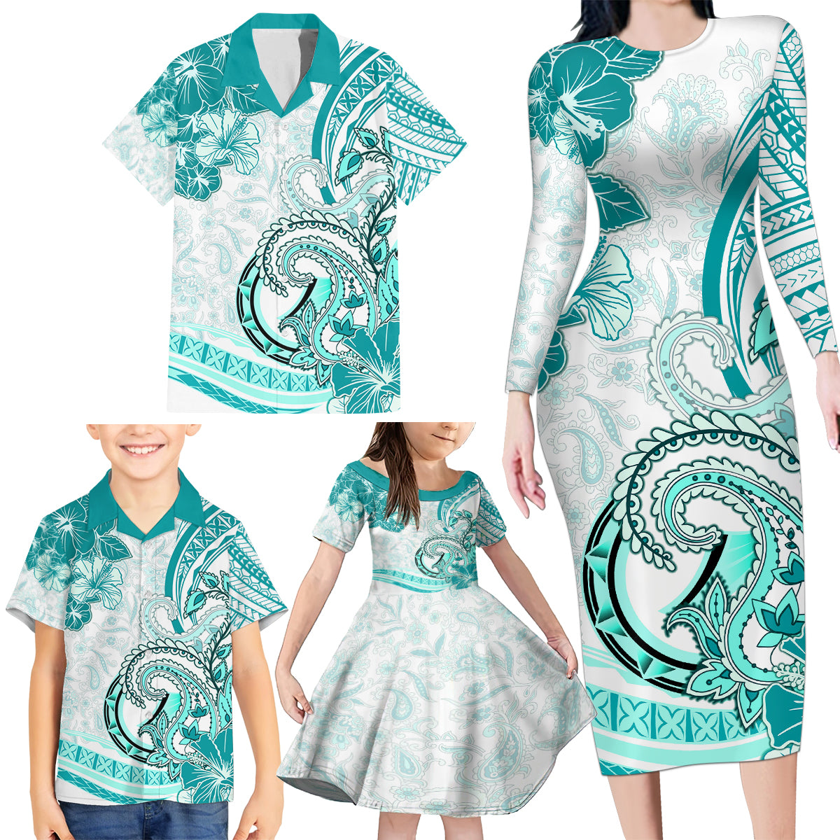 Polynesia Paisley Family Matching Long Sleeve Bodycon Dress and Hawaiian Shirt Mix Teal Polynesian Pattern LT05 - Polynesian Pride