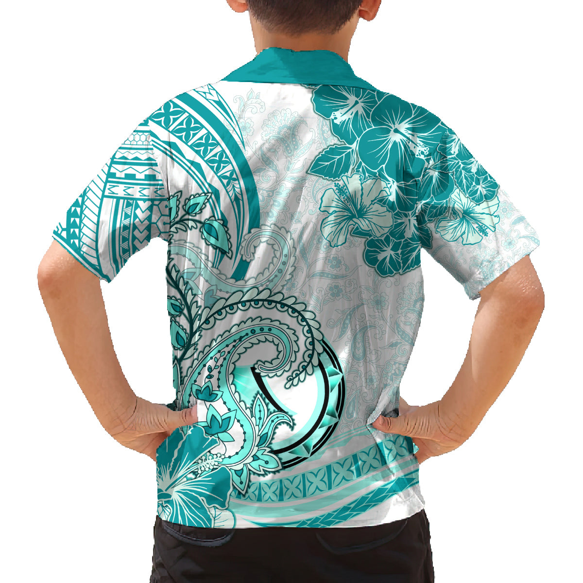 Polynesia Paisley Family Matching Off Shoulder Short Dress and Hawaiian Shirt Mix Teal Polynesian Pattern LT05 - Polynesian Pride