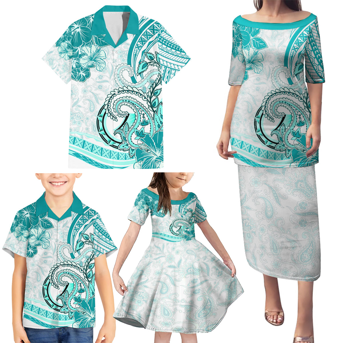 Polynesia Paisley Family Matching Puletasi and Hawaiian Shirt Mix Teal Polynesian Pattern LT05 - Polynesian Pride