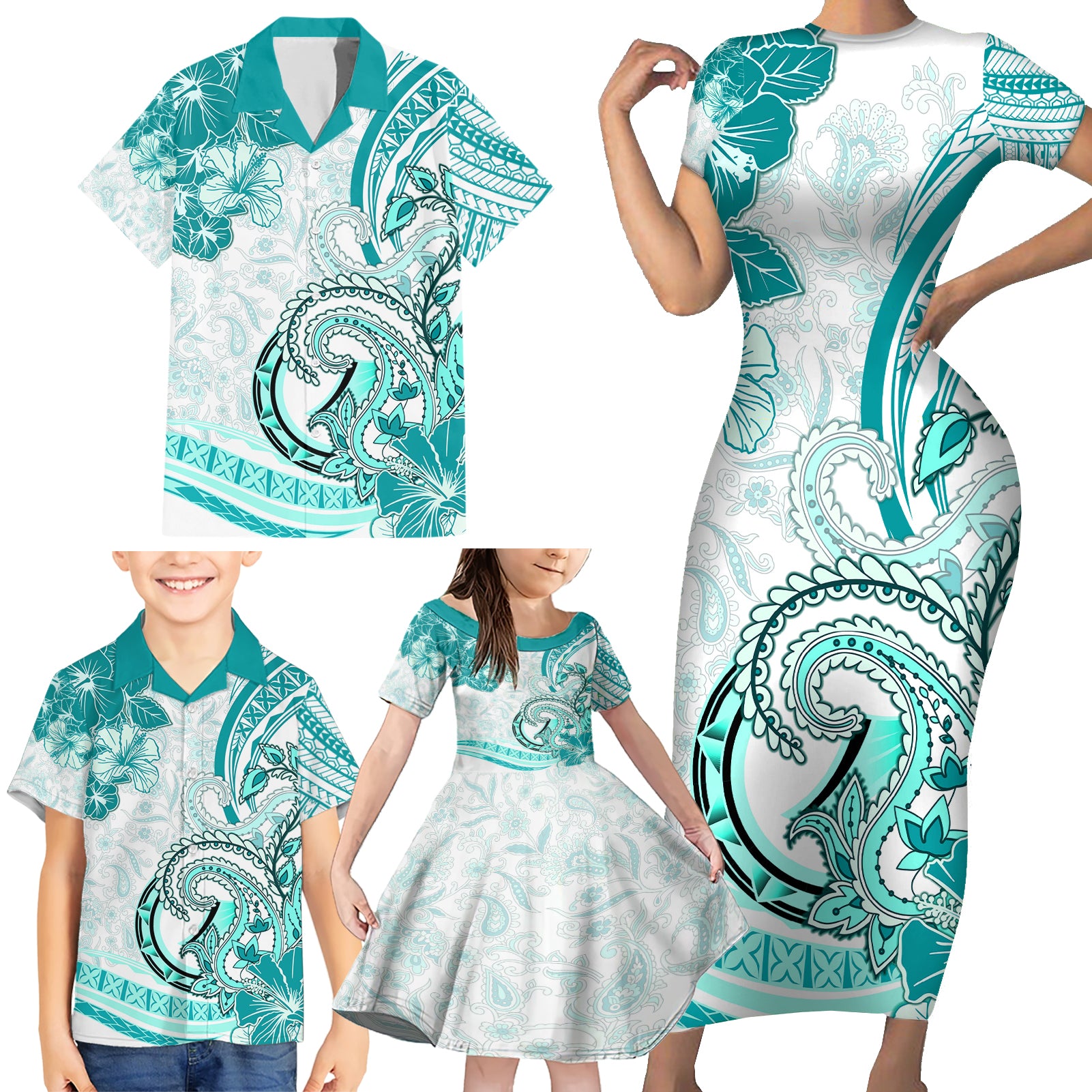 Polynesia Paisley Family Matching Short Sleeve Bodycon Dress and Hawaiian Shirt Mix Teal Polynesian Pattern LT05 - Polynesian Pride