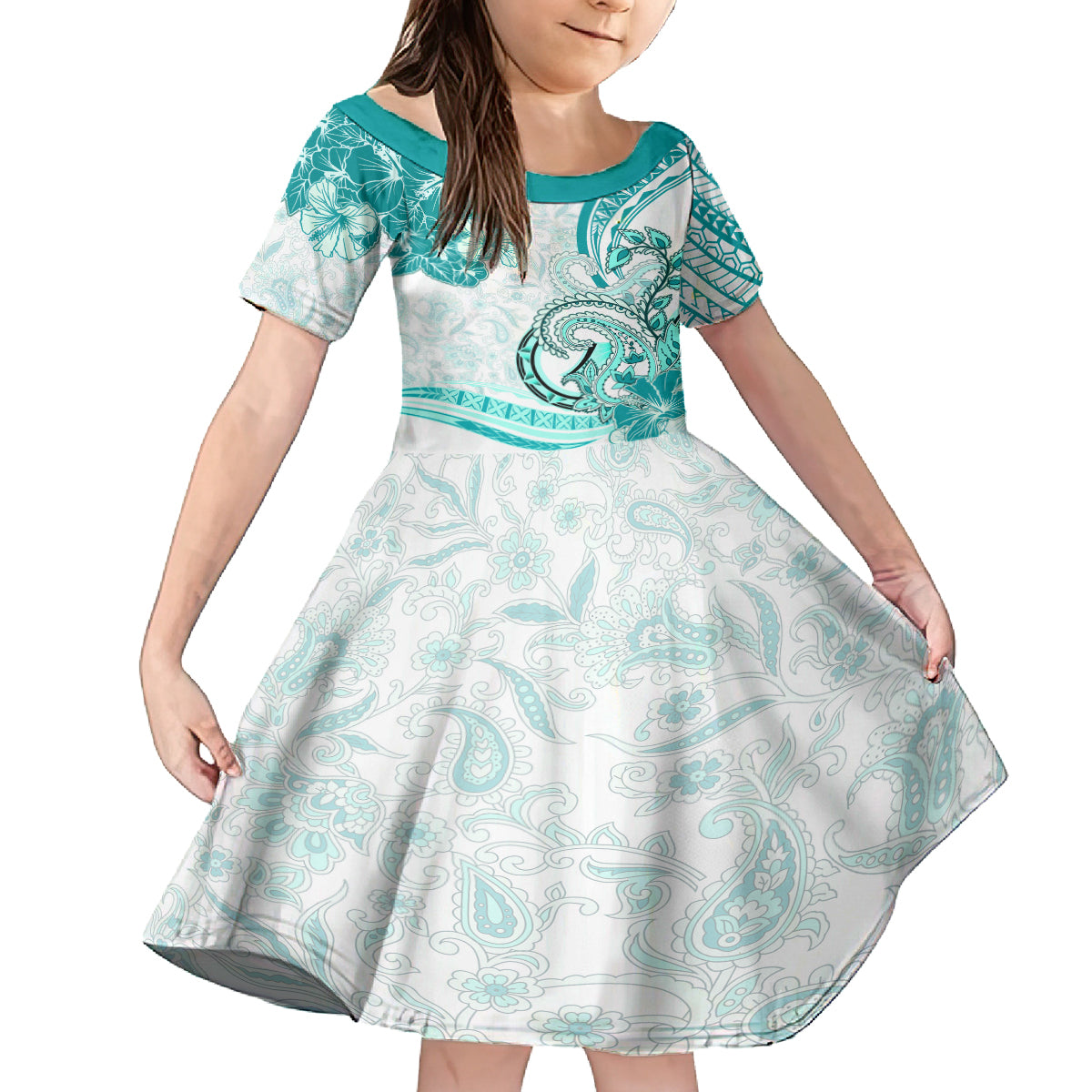 Polynesia Paisley Kid Short Sleeve Dress Mix Teal Polynesian Pattern LT05 KID Teal - Polynesian Pride
