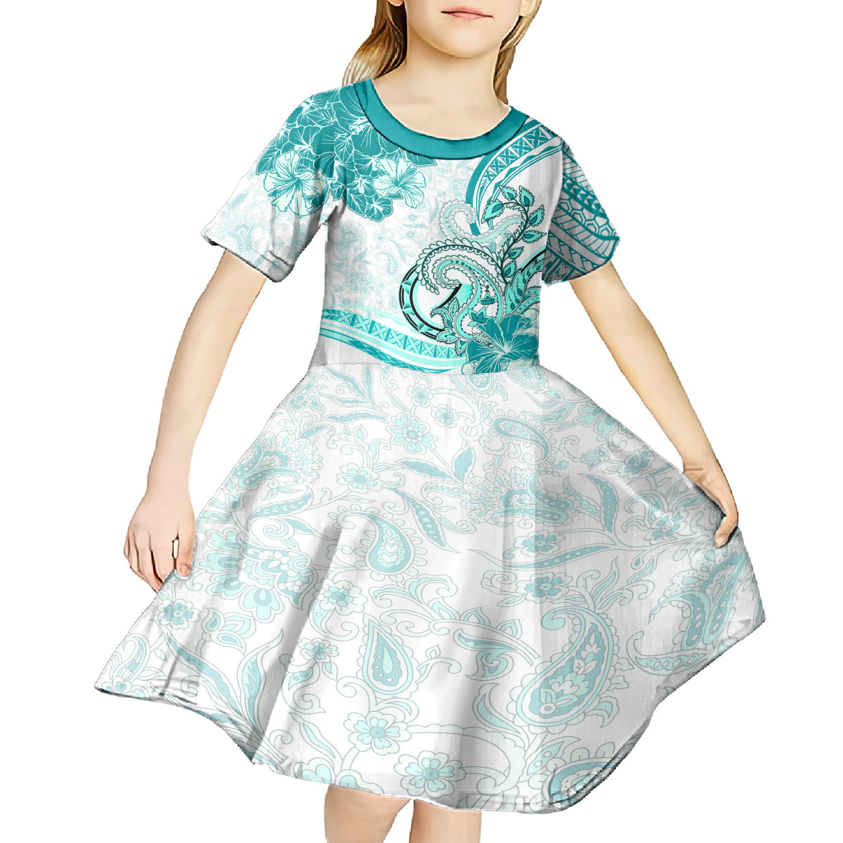 Polynesia Paisley Kid Short Sleeve Dress Mix Teal Polynesian Pattern LT05 - Polynesian Pride