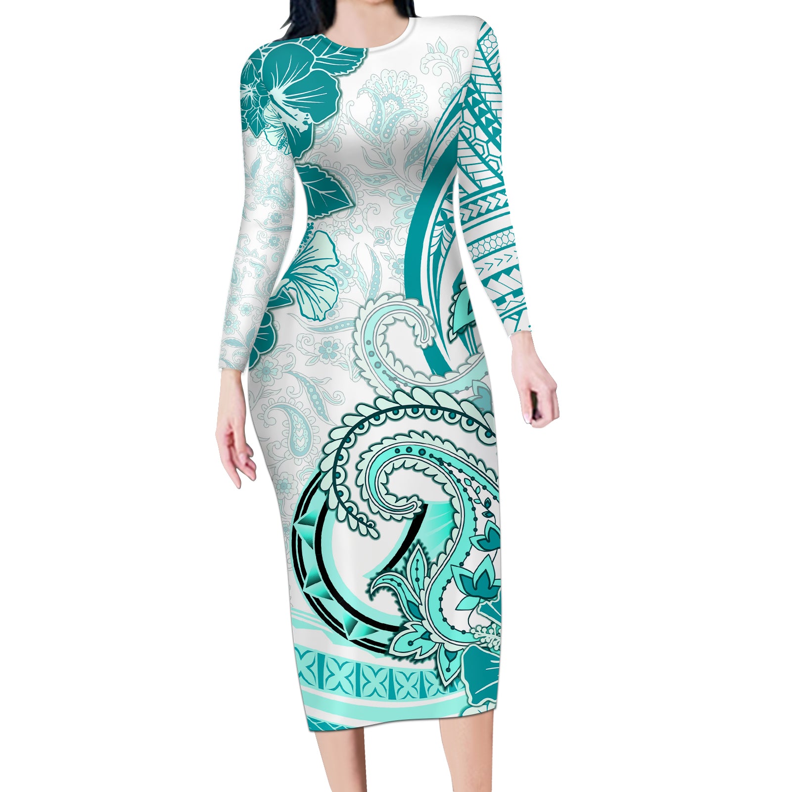 Polynesia Paisley Long Sleeve Bodycon Dress Mix Teal Polynesian Pattern LT05 Long Dress Teal - Polynesian Pride