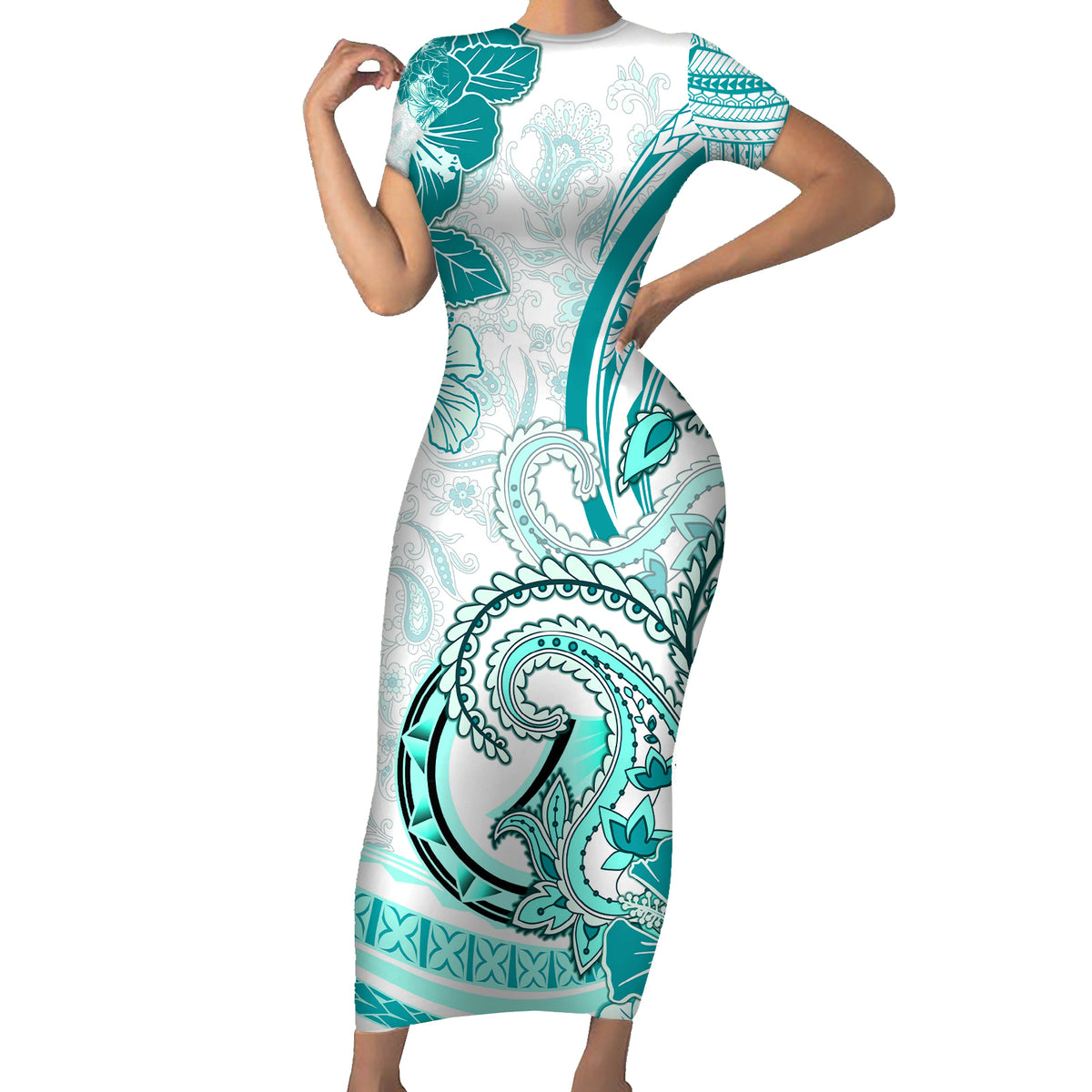 Polynesia Paisley Short Sleeve Bodycon Dress Mix Teal Polynesian Pattern LT05 Long Dress Teal - Polynesian Pride