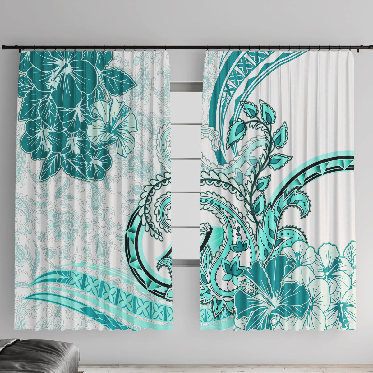 Polynesia Paisley Window Curtain Mix Teal Polynesian Pattern