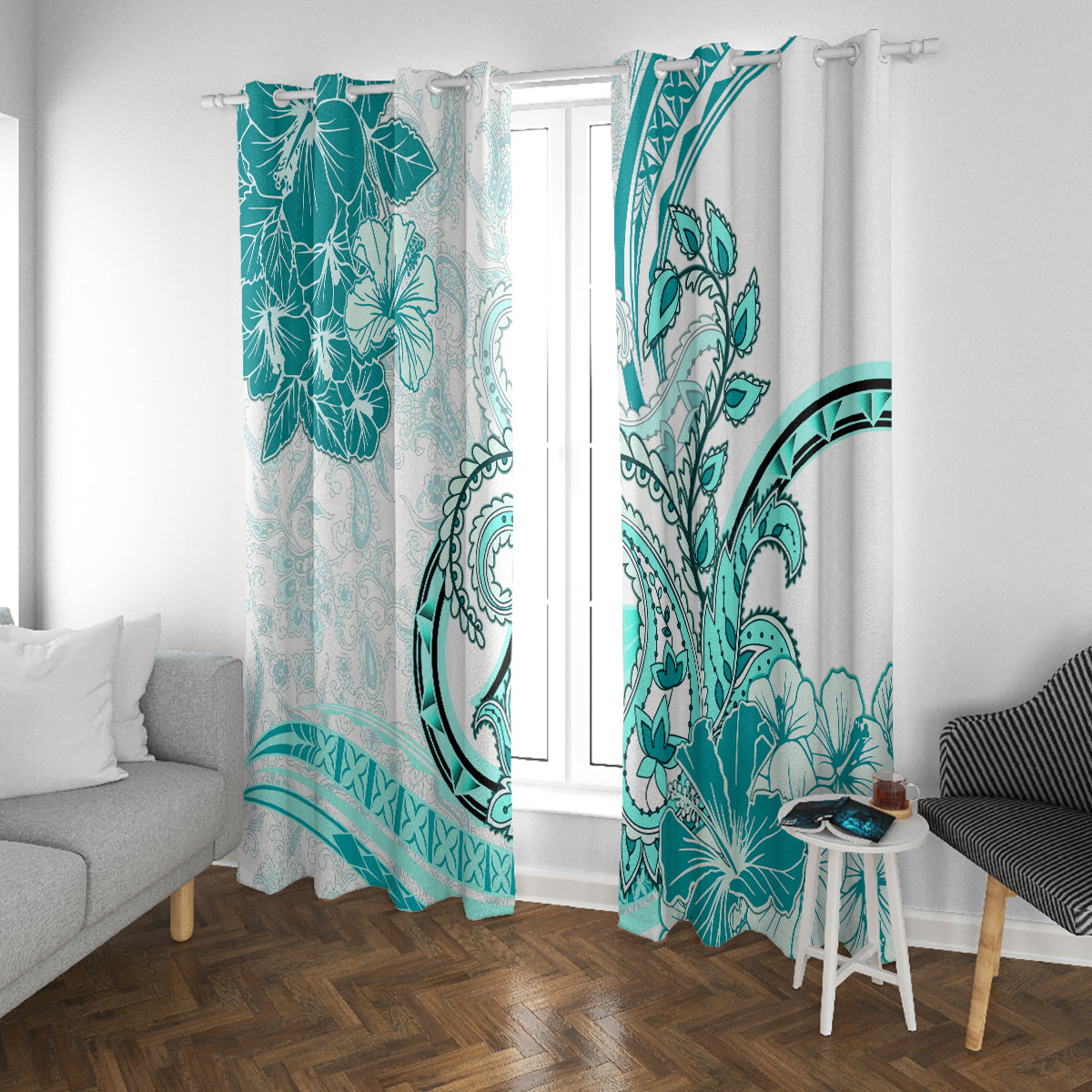 Polynesia Paisley Window Curtain Mix Teal Polynesian Pattern LT05 With Grommets Teal - Polynesian Pride