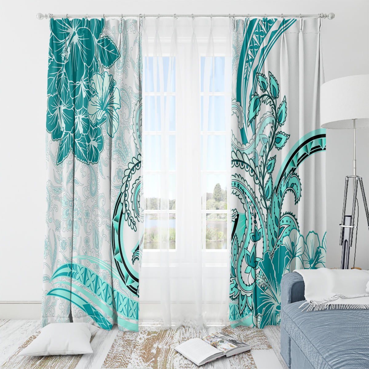 Polynesia Paisley Window Curtain Mix Teal Polynesian Pattern LT05 - Polynesian Pride