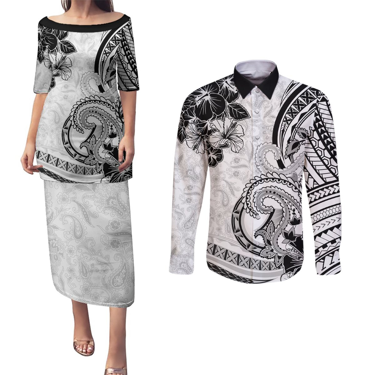 Polynesia Paisley Couples Matching Puletasi and Long Sleeve Button Shirt Mix White Polynesian Pattern LT05 White - Polynesian Pride