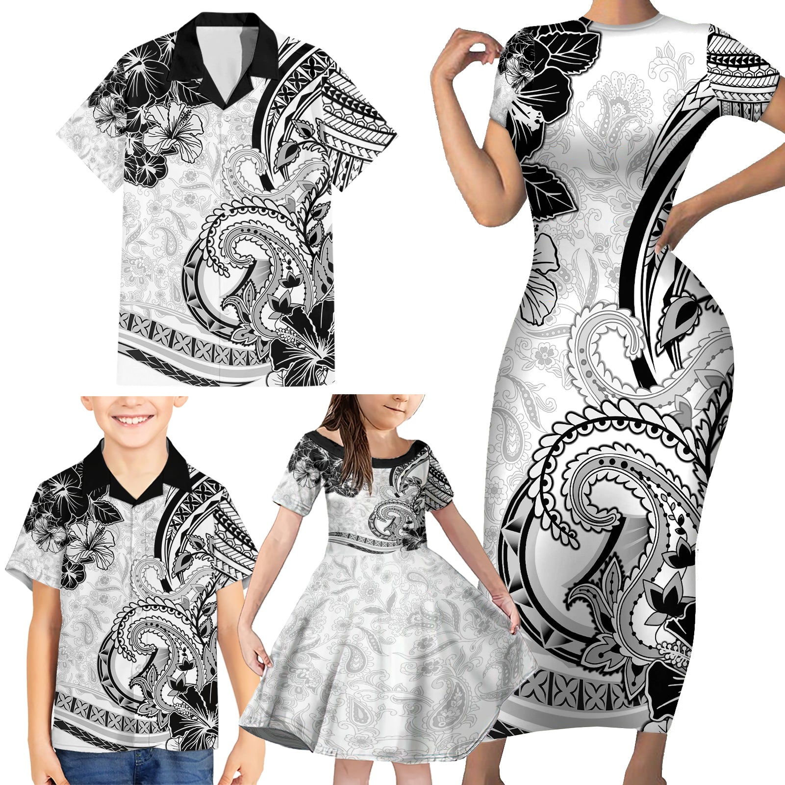 Polynesia Paisley Family Matching Short Sleeve Bodycon Dress and Hawaiian Shirt Mix White Polynesian Pattern LT05 - Polynesian Pride