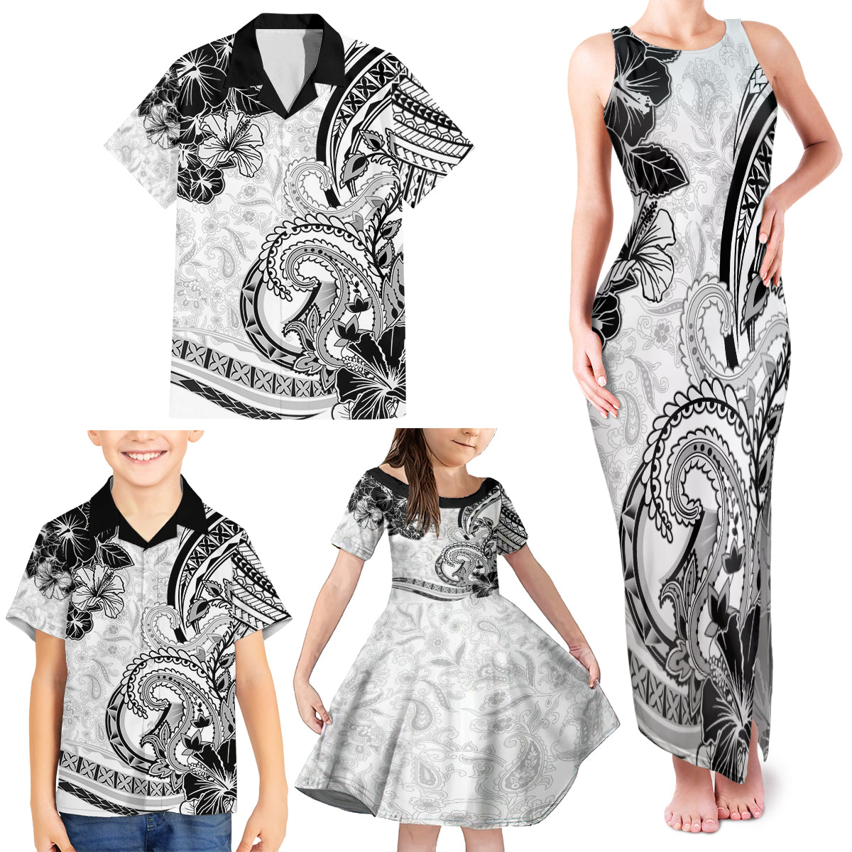 Polynesia Paisley Family Matching Tank Maxi Dress and Hawaiian Shirt Mix White Polynesian Pattern LT05 - Polynesian Pride