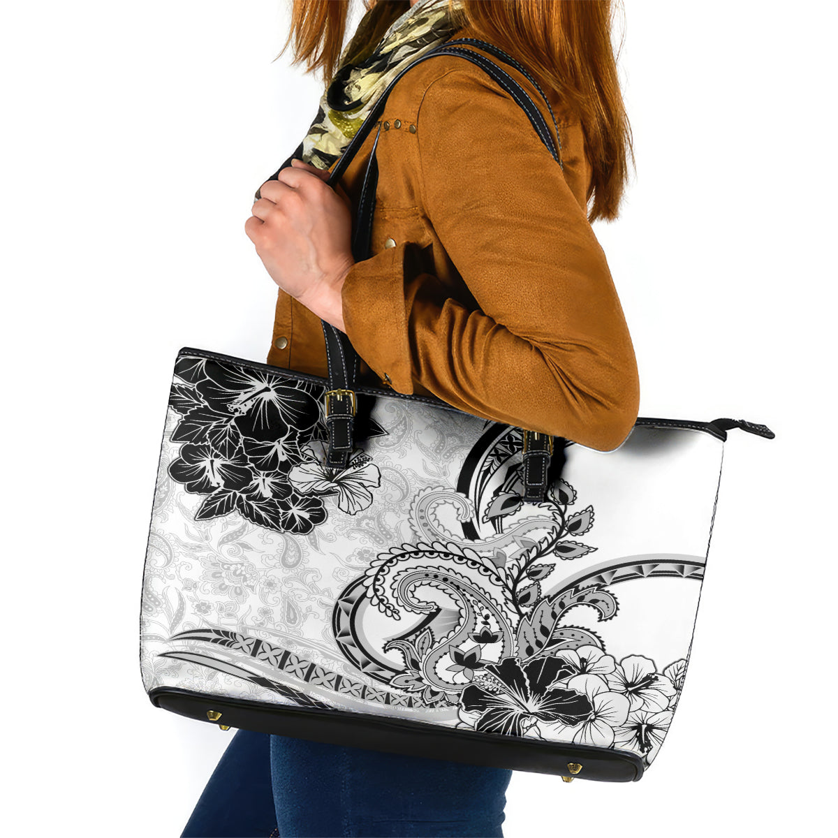 Polynesia Paisley Leather Tote Bag Mix White Polynesian Pattern LT05 White - Polynesian Pride