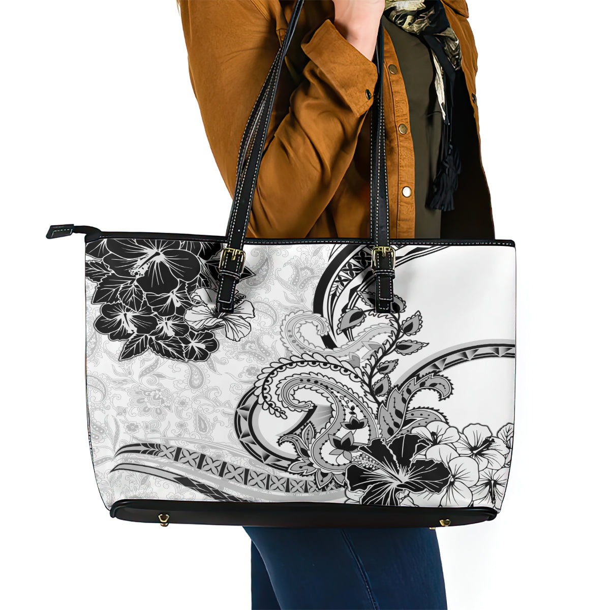 Polynesia Paisley Leather Tote Bag Mix White Polynesian Pattern LT05 - Polynesian Pride