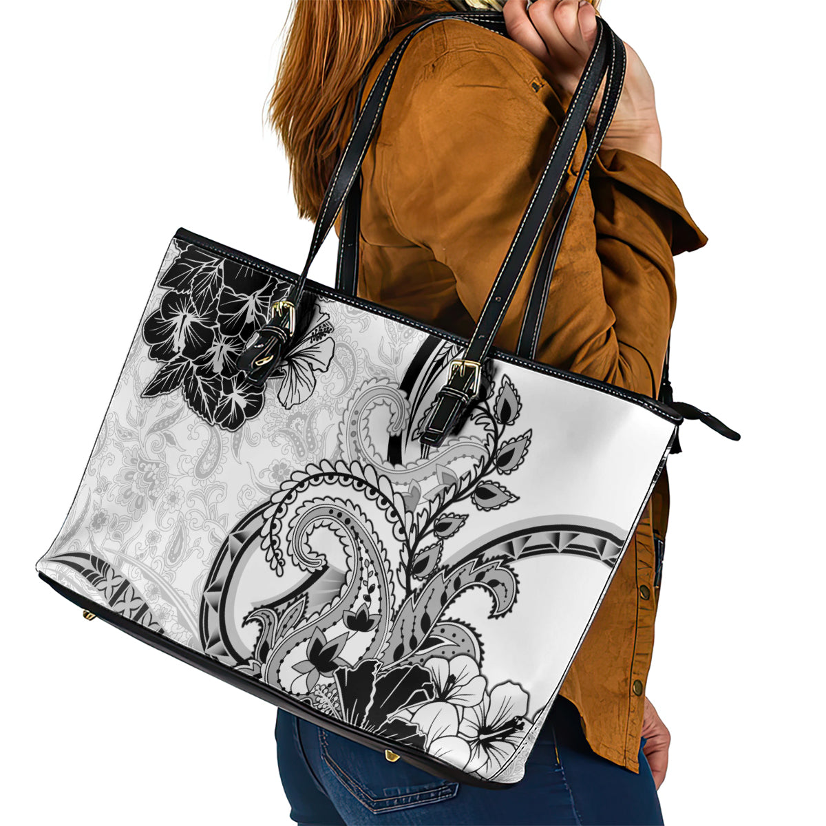 Polynesia Paisley Leather Tote Bag Mix White Polynesian Pattern LT05 - Polynesian Pride
