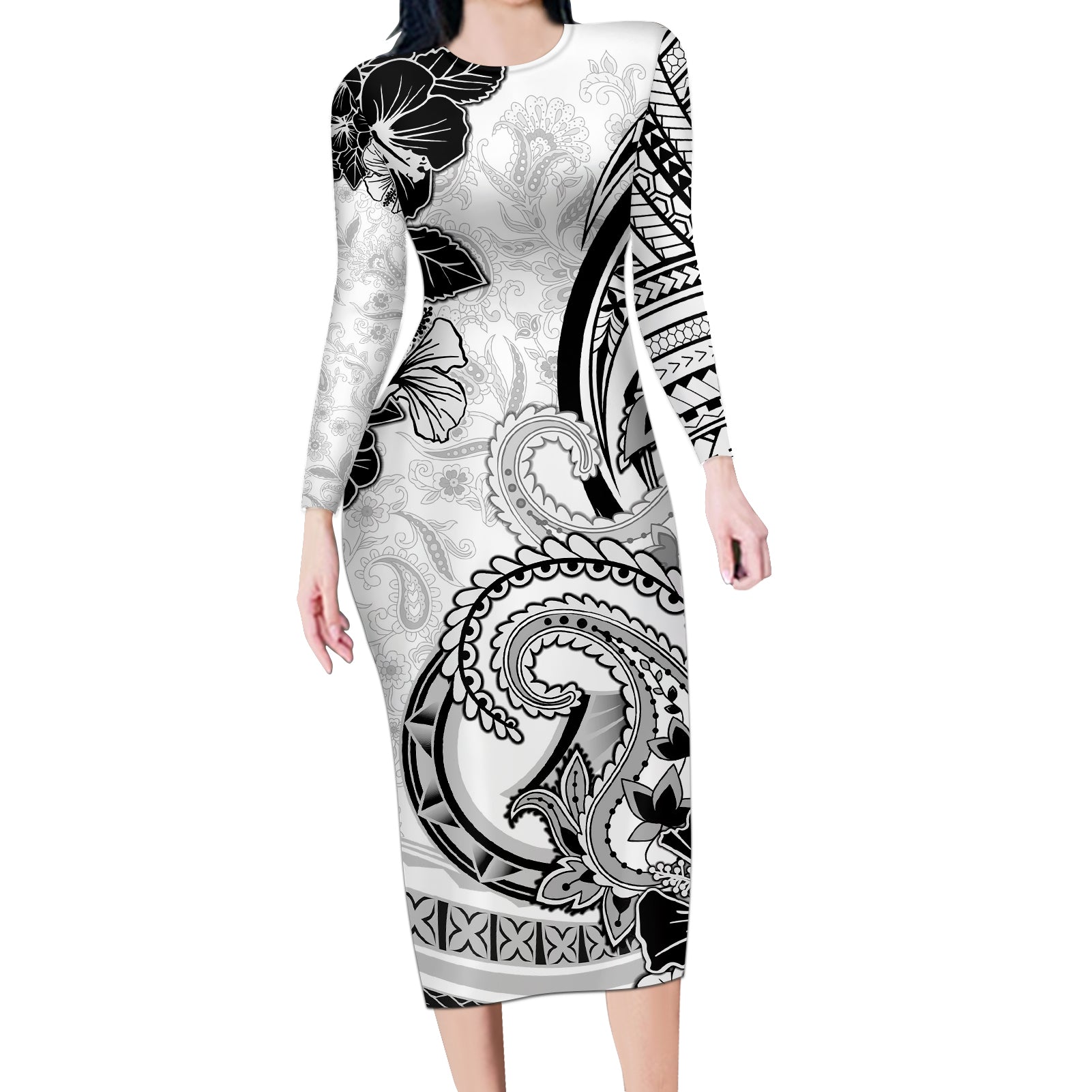 Polynesia Paisley Long Sleeve Bodycon Dress Mix White Polynesian Pattern LT05 Long Dress White - Polynesian Pride