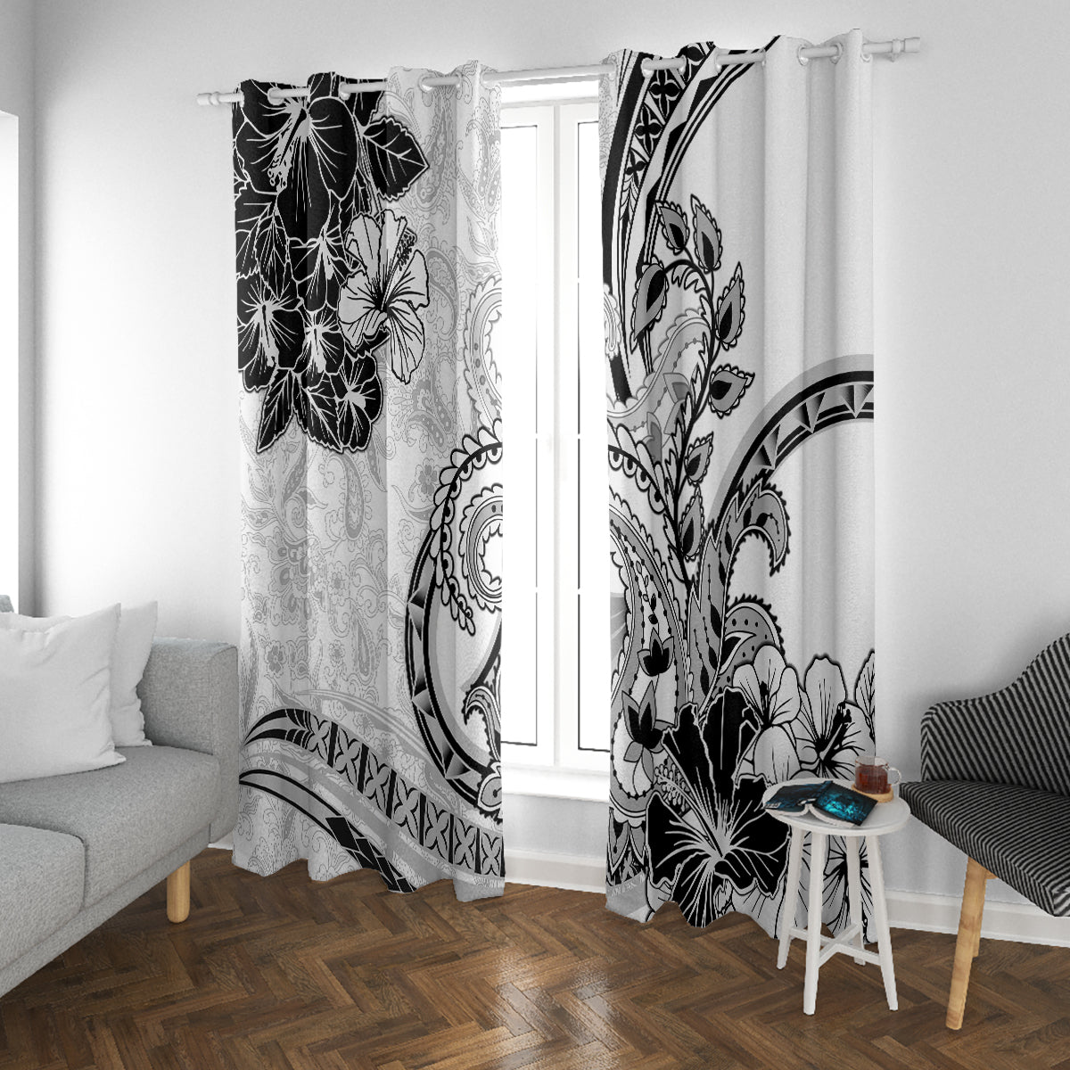 Polynesia Paisley Window Curtain Mix White Polynesian Pattern LT05 With Grommets White - Polynesian Pride