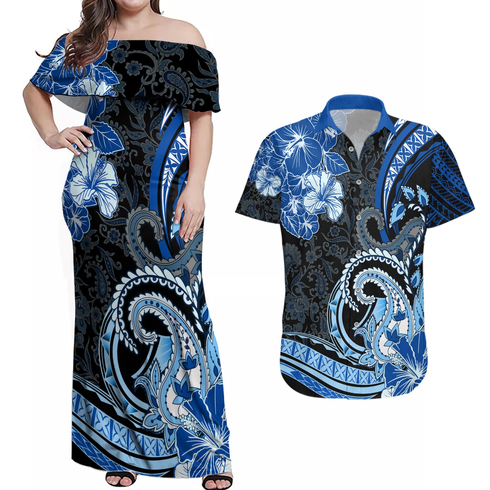 Polynesia Paisley Couples Matching Off Shoulder Maxi Dress and Hawaiian Shirt Mix Blue Polynesian Pattern LT05 Blue - Polynesian Pride