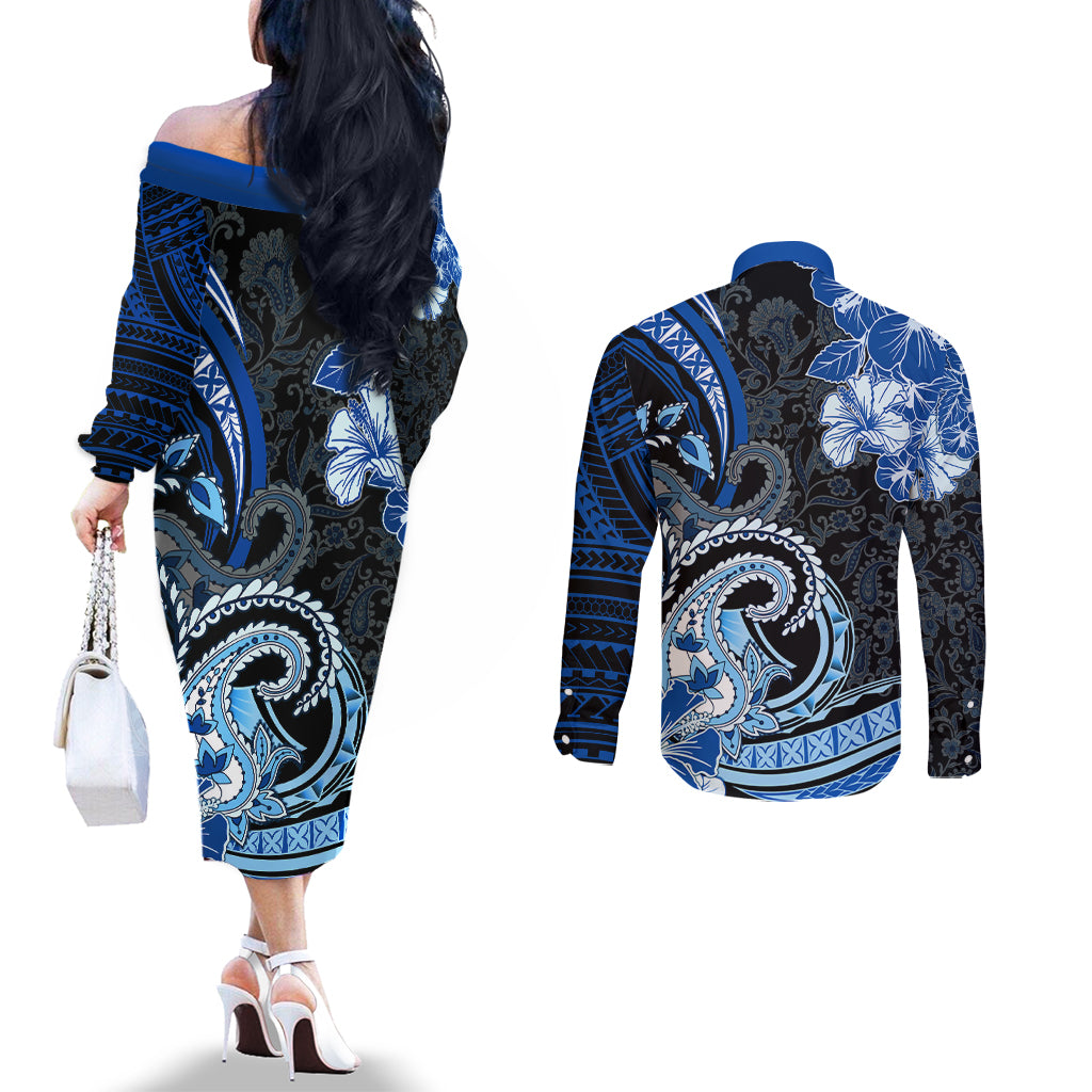 Polynesia Paisley Couples Matching Off The Shoulder Long Sleeve Dress and Long Sleeve Button Shirt Mix Blue Polynesian Pattern LT05 - Polynesian Pride