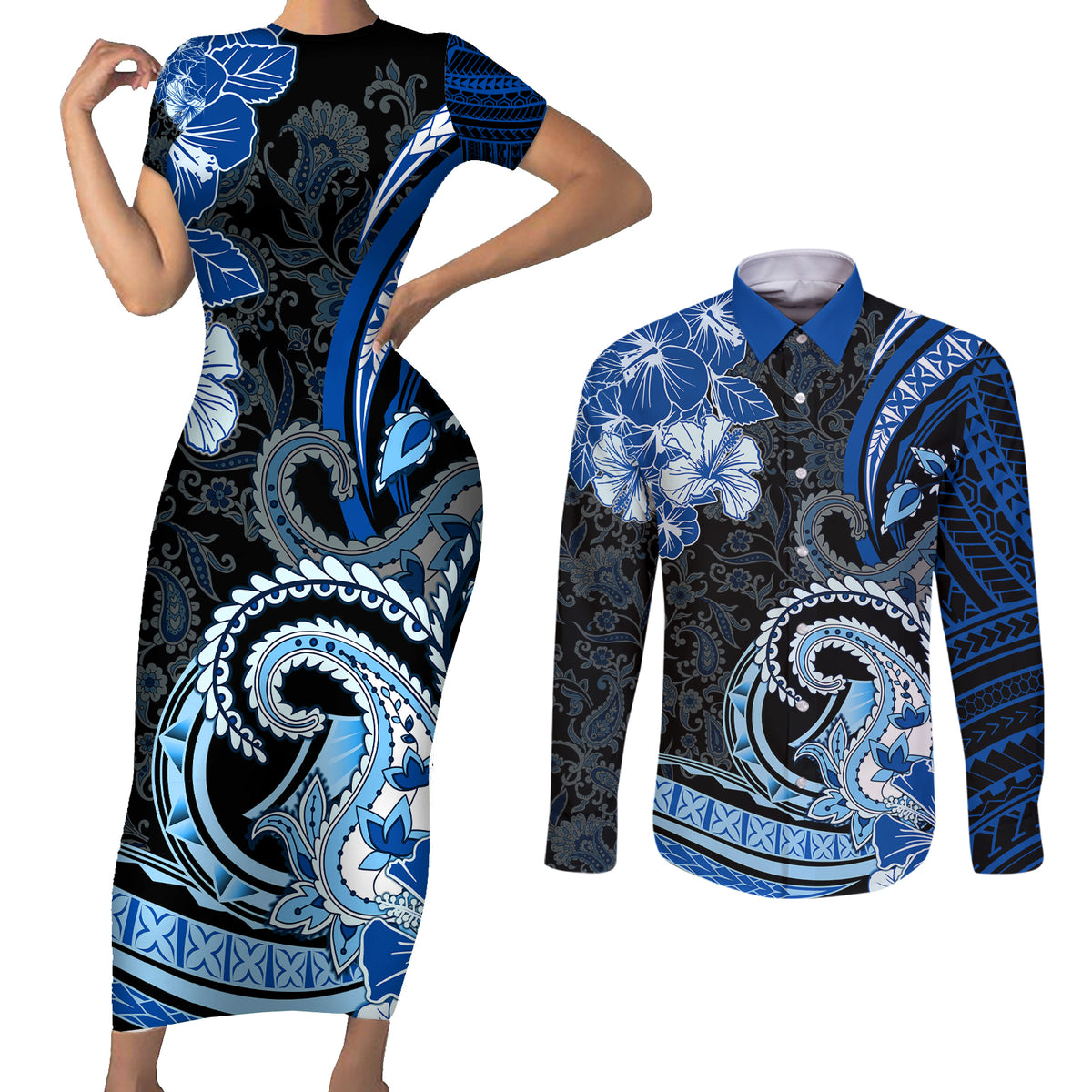 Polynesia Paisley Couples Matching Short Sleeve Bodycon Dress and Long Sleeve Button Shirt Mix Blue Polynesian Pattern LT05 Blue - Polynesian Pride