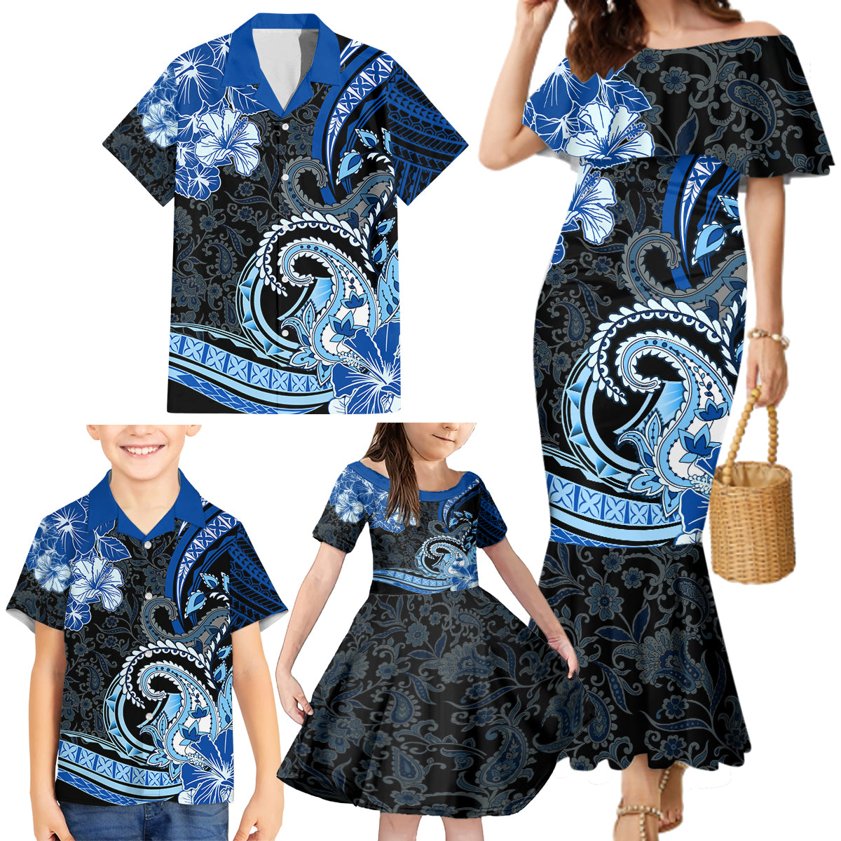 Polynesia Paisley Family Matching Mermaid Dress and Hawaiian Shirt Mix Blue Polynesian Pattern LT05 - Polynesian Pride