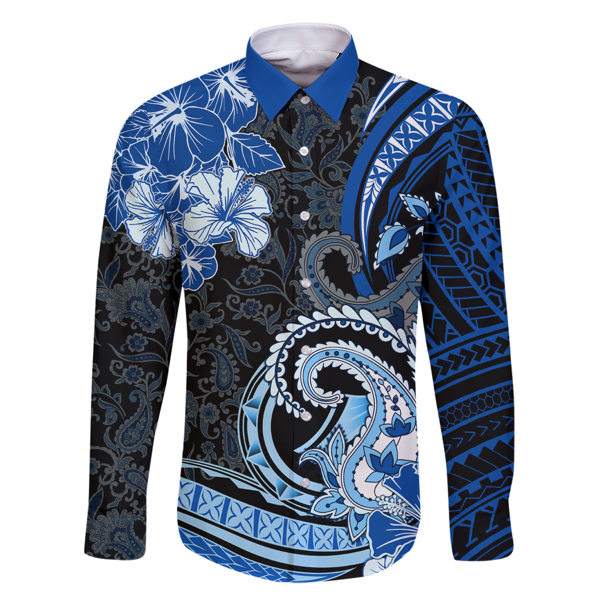 Polynesia Paisley Family Matching Off Shoulder Long Sleeve Dress and Hawaiian Shirt Mix Blue Polynesian Pattern LT05 Dad's Shirt - Long Sleeve Blue - Polynesian Pride