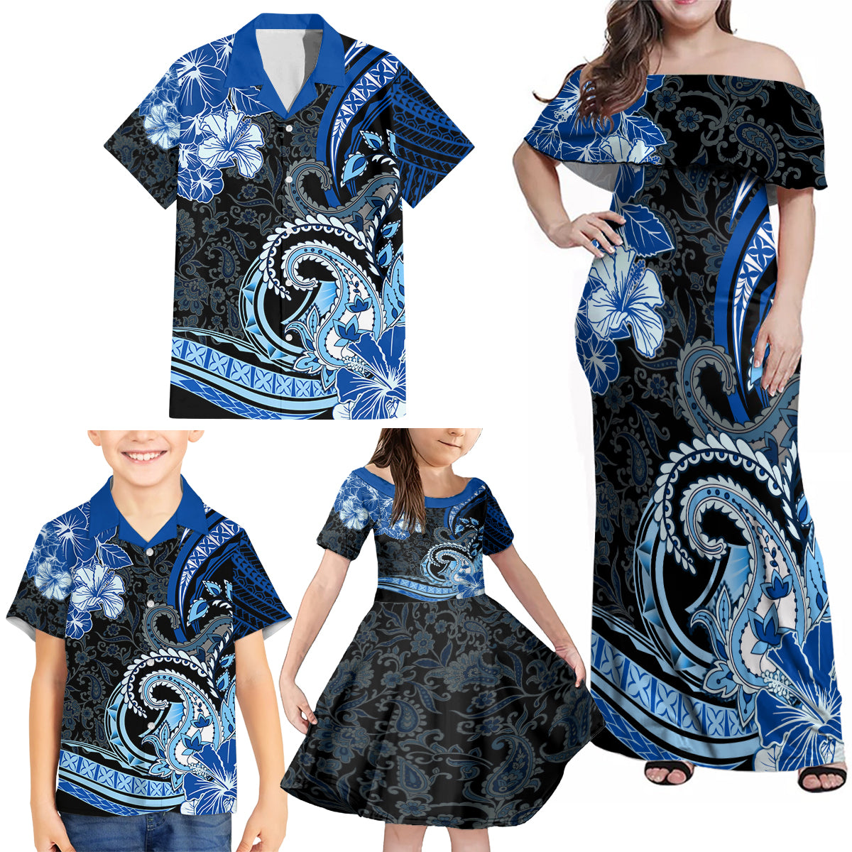 Polynesia Paisley Family Matching Off Shoulder Maxi Dress and Hawaiian Shirt Mix Blue Polynesian Pattern LT05 - Polynesian Pride