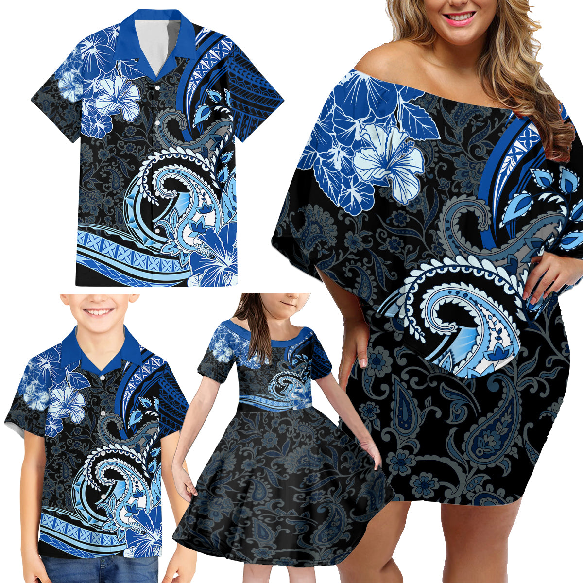 Polynesia Paisley Family Matching Off Shoulder Short Dress and Hawaiian Shirt Mix Blue Polynesian Pattern LT05 - Polynesian Pride