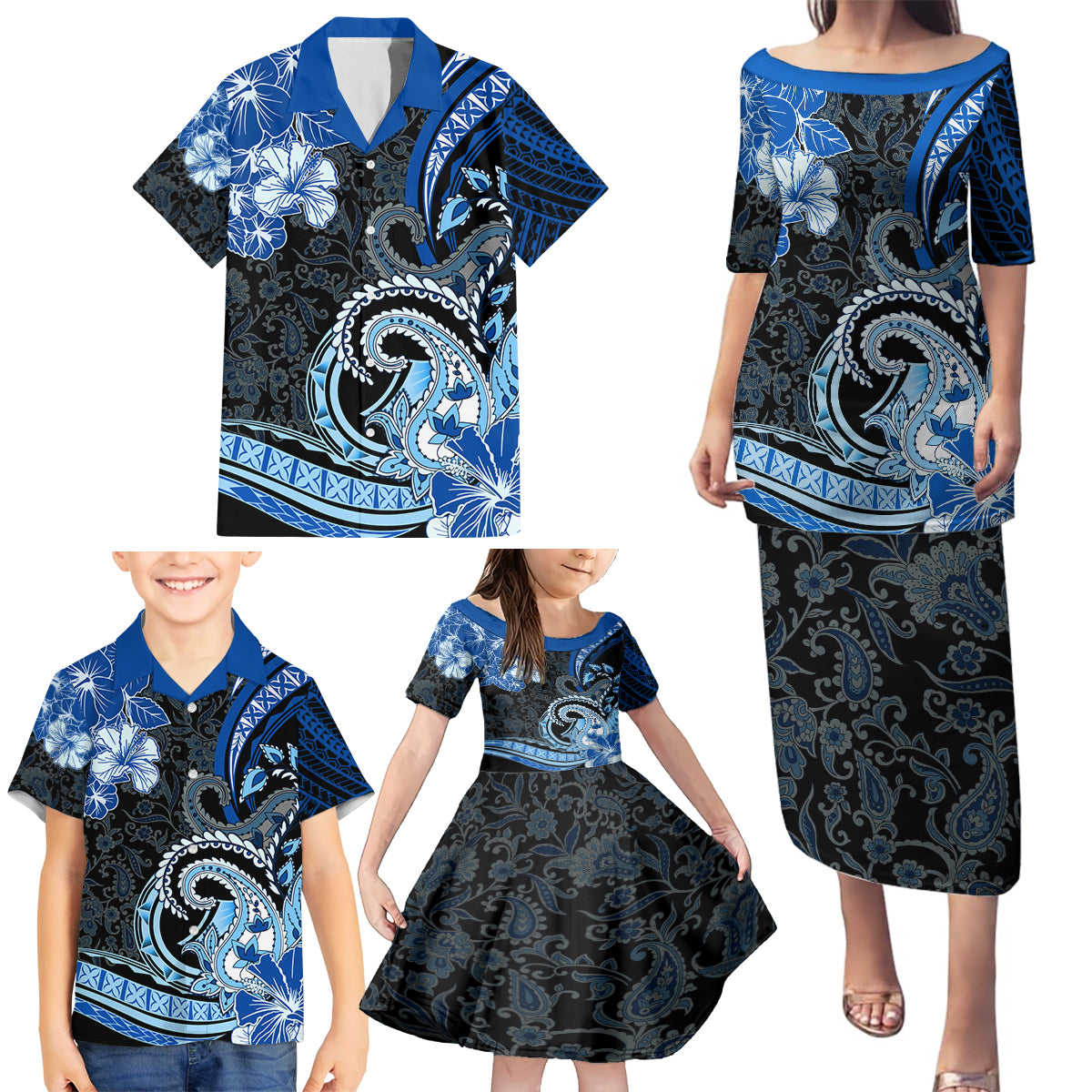 Polynesia Paisley Family Matching Puletasi and Hawaiian Shirt Mix Blue Polynesian Pattern LT05 - Polynesian Pride