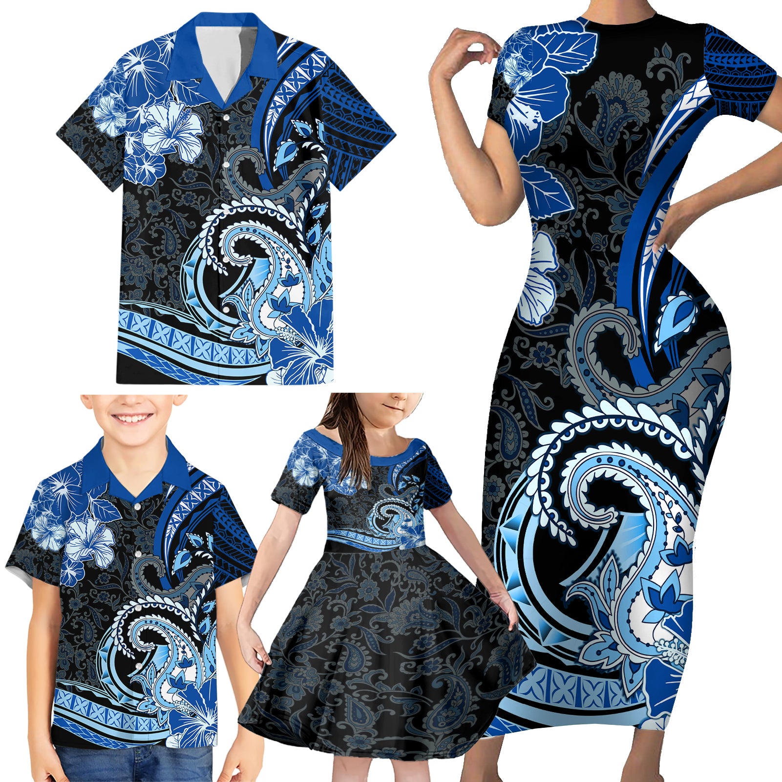 Polynesia Paisley Family Matching Short Sleeve Bodycon Dress and Hawaiian Shirt Mix Blue Polynesian Pattern LT05 - Polynesian Pride