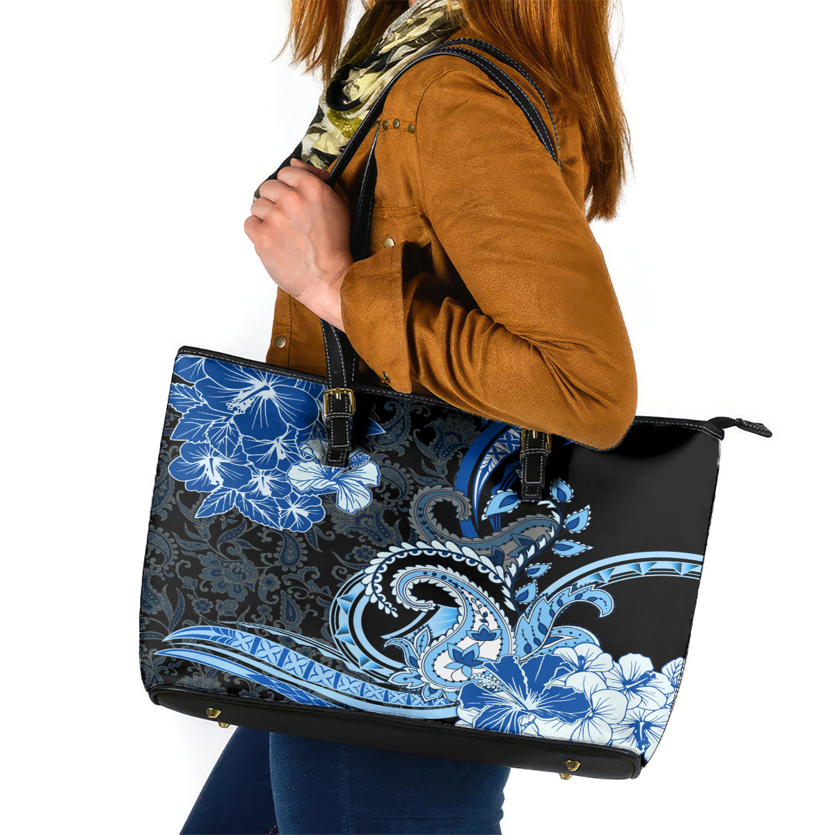 Polynesia Paisley Leather Tote Bag Mix Blue Polynesian Pattern LT05 Blue - Polynesian Pride