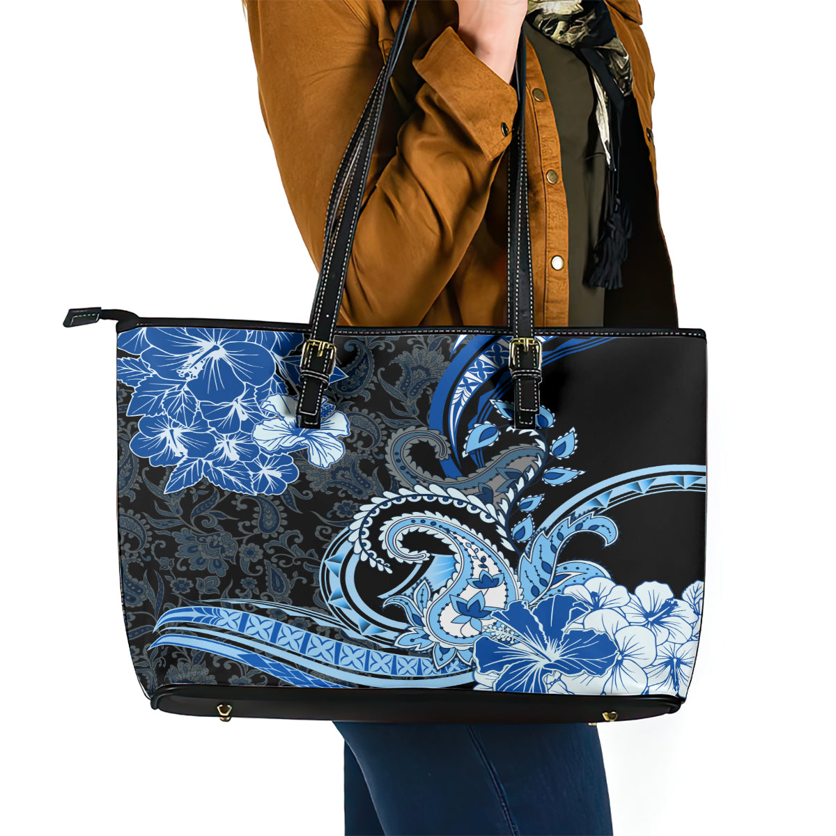 Polynesia Paisley Leather Tote Bag Mix Blue Polynesian Pattern LT05 - Polynesian Pride