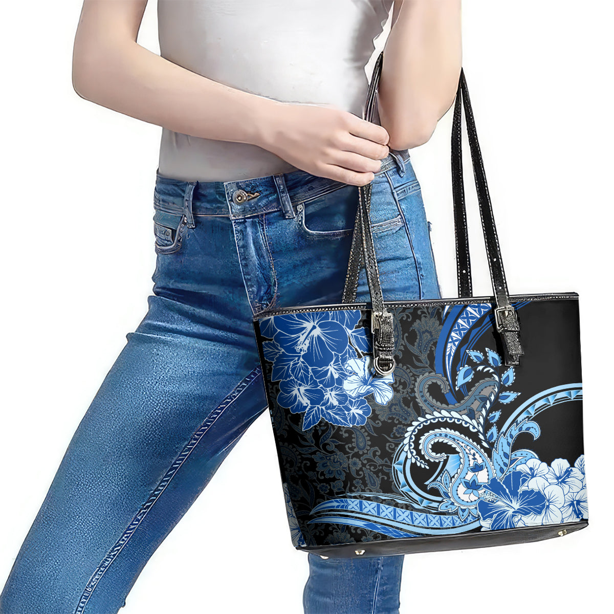 Polynesia Paisley Leather Tote Bag Mix Blue Polynesian Pattern LT05 - Polynesian Pride