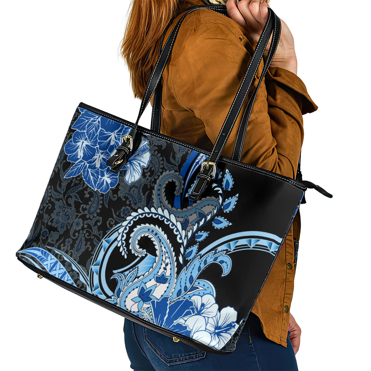 Polynesia Paisley Leather Tote Bag Mix Blue Polynesian Pattern LT05 - Polynesian Pride